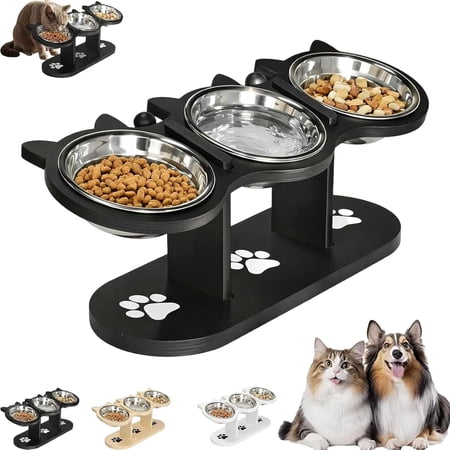 Non-Slip Elevated Pet Feeder with 3 Bowls, 2026 New Cat Feeding Station with 3 Stainless Steel Bowls, Adjustable Heights Cat Food and Water Bowl with Shelf, for All Cats Dogs Pet Bowls (Black)
