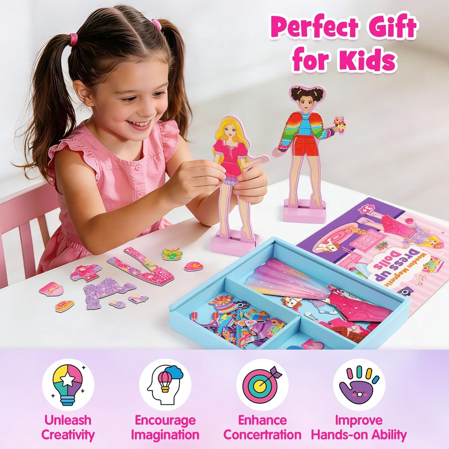 Mocoosy Wooden Magnetic Dress Up Dolls for Girls, 2 Magnet Dolls with Wood Case, Travel Game Airplane Car Road Trip Essential Toy On The Go Activity Set Easter Birthday Gift Girls 3 - 8 Year Old