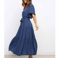 thumbnail image 4 of Fesfesfes Spring Dresses for Women Casual Solid Color V-neck Boho Dress Waist Lace-up Flared Short Sleeve Ruffle Splicing Part Dress, 4 of 6