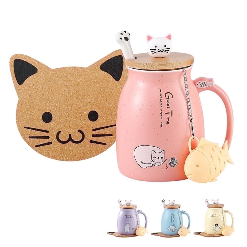 Mengcat Tea Mug with Infuser and Lid Ceramic Coffee Mug Kawaii Cat Cute Tea Cool Preppy Stuff Birthday Cute Gifts for Women Girl (13oz)