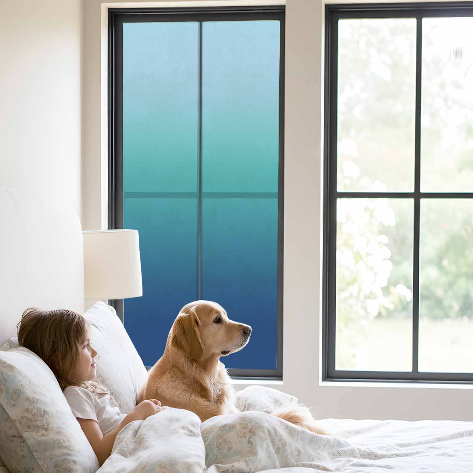 Blue Cyan Window Privacy Film, Gradient Abstract Ombre Art Frosted Glass Window Clings Static Cling UV Heat Blocking Reusable Door Sticker for Bathroom 23.6 x 59 Inch