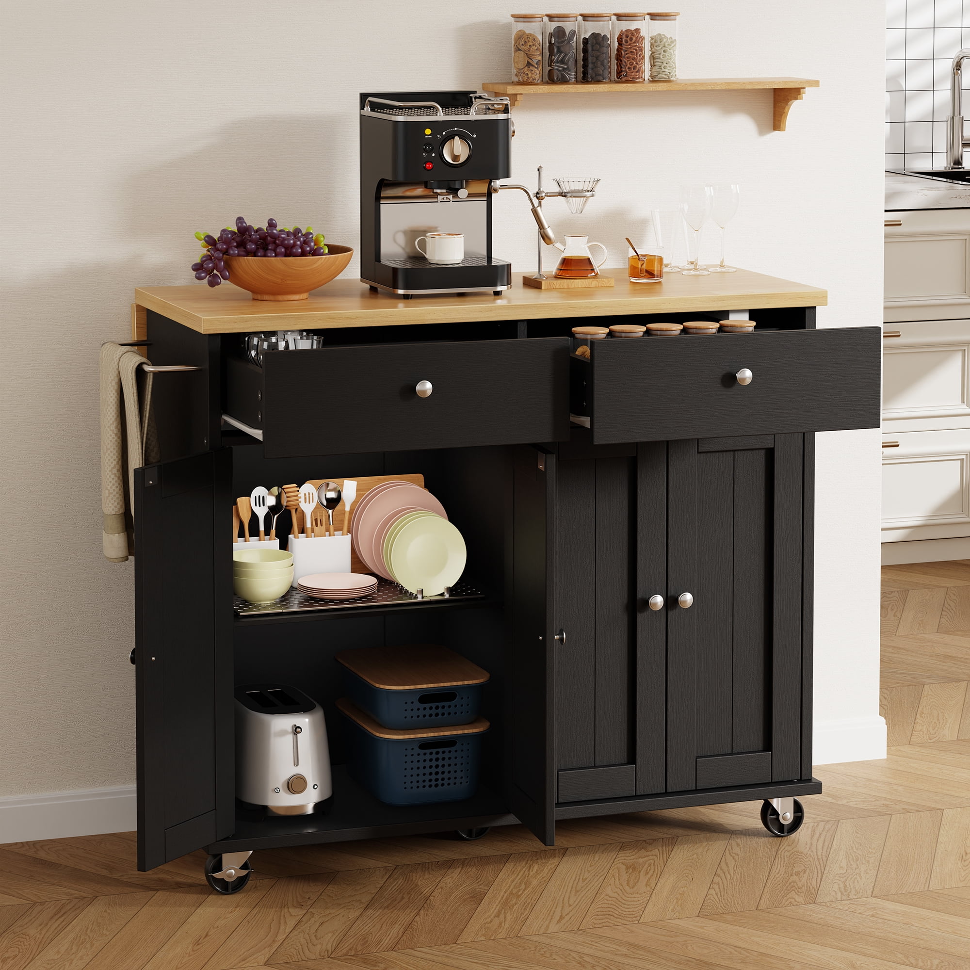 Walsunny Kitchen Islands Carts with Drop Leaf Table 2 Drawers 5 Wheels 4 Magnetic Doors Rolling Storage Cabinet Black