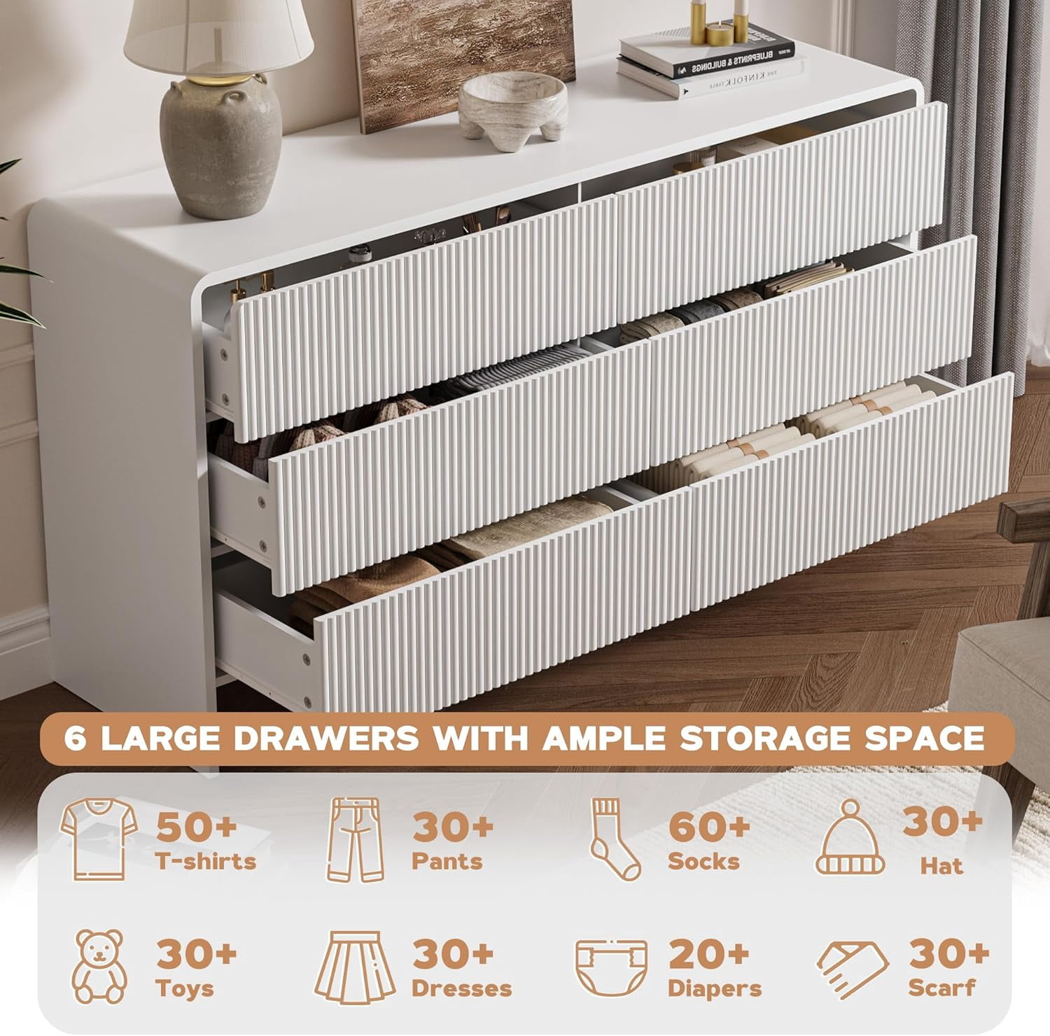 FURNIWAY White Curved 6 Drawer Dresser Push to Open Modern Curved Storage for Bedroom Living Room Closet
