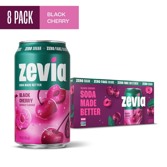 Zevia Zero Sugar, 0 Calorie Black Cherry Soda Pop, 12 fl oz, 8 Pack Cans