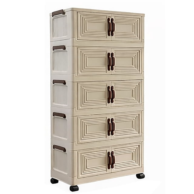 Intexca Armoire de Rangement Pliable à 5 Niveaux avec Portes et Roues, Organisateur Vertical Empilable en Plastique, Armoire de Rangement Modulaire Sans Outils, Beige,