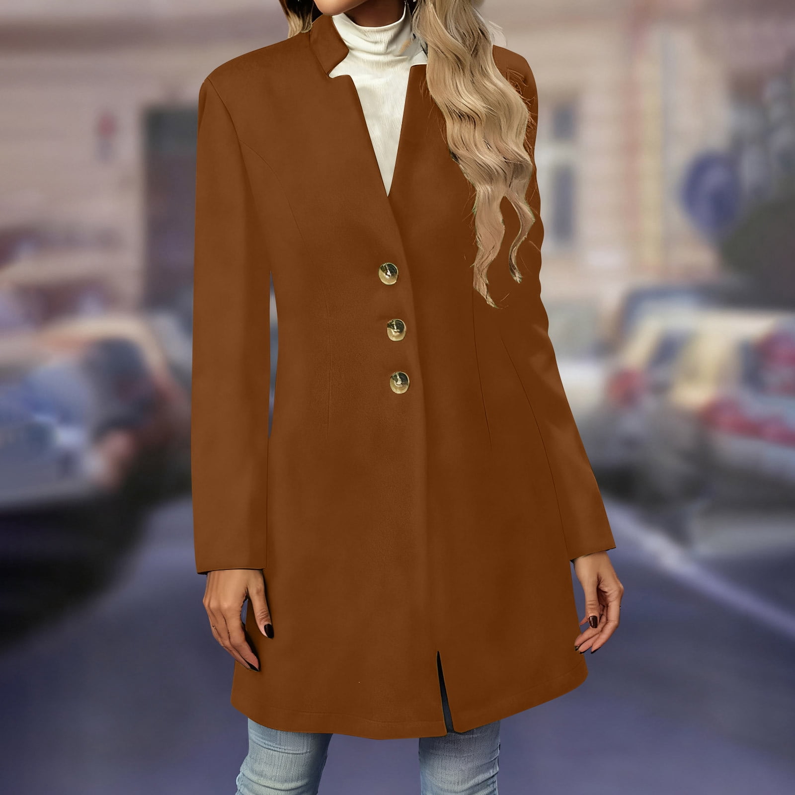 Women's Winter Wool Blend Camel Mid-Long Coat Casual Single-Breasted Lapel Jacket Outwear With Pockets