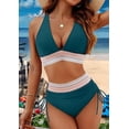 thumbnail image 2 of Women Tummy Control Swimsuits Color Block Two Piece Drawstring Bathing Suit Peacock Blue L, 2 of 7