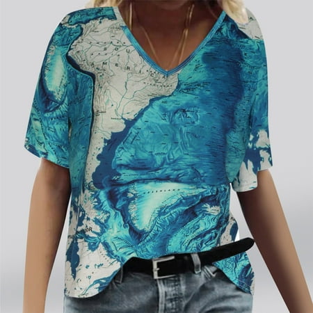 

2022 Women s Short Sleeve T Shirt Casual V Neck Oversized Tee Vintage Printed Tunic Tops Loose Blouses for Summer