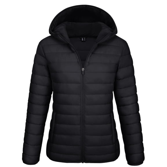 YUCOLEN Women's Lightweight Puffer Jacket with Hood Pockets Quilted Padded Full-zip Water-Resistant Windproof Transitional Winter Coat Black L