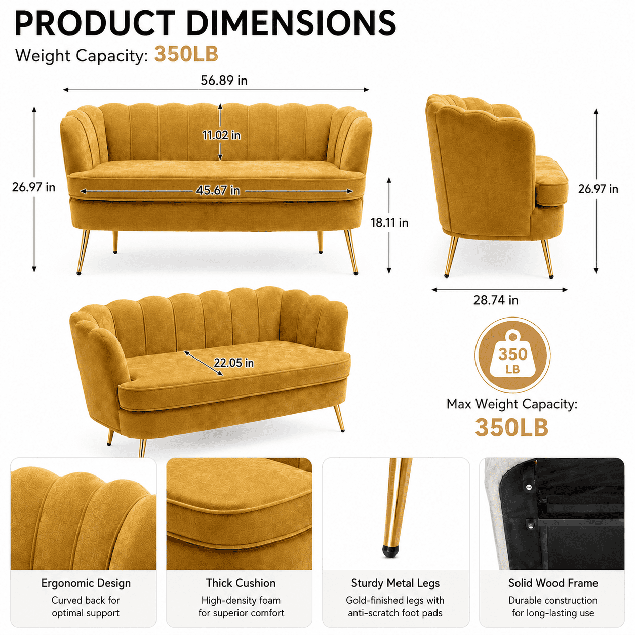 MOONMISS Chenille 2-Seater Loveseat with Gold Legs,Scallop-Tufted Curved-Back Sofa for the Living Room or Bedroom,Yellow