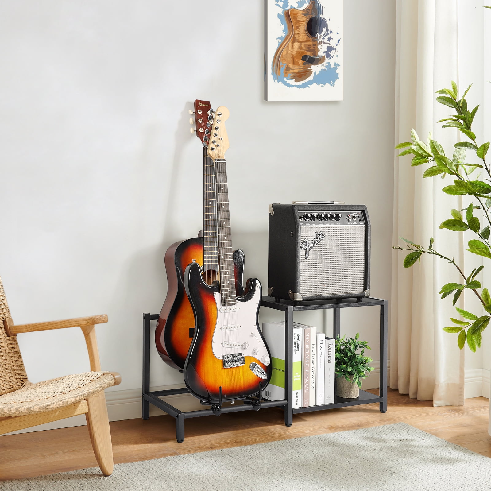 Olakee 3-Piece Floor Guitar Stand with Amp Support, Adjustable for Multiple Electric Guitars and Accessories, Wood & Metal, Black