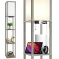 thumbnail image 4 of OUTON Floor Lamp with Shelves, LED Shelf Floor with USB & Type C Prots, 3 Color Temperatures, Wood Tall Standing Lamp with Linen Shade for Living Room, Bedroom, Grey, 4 of 10