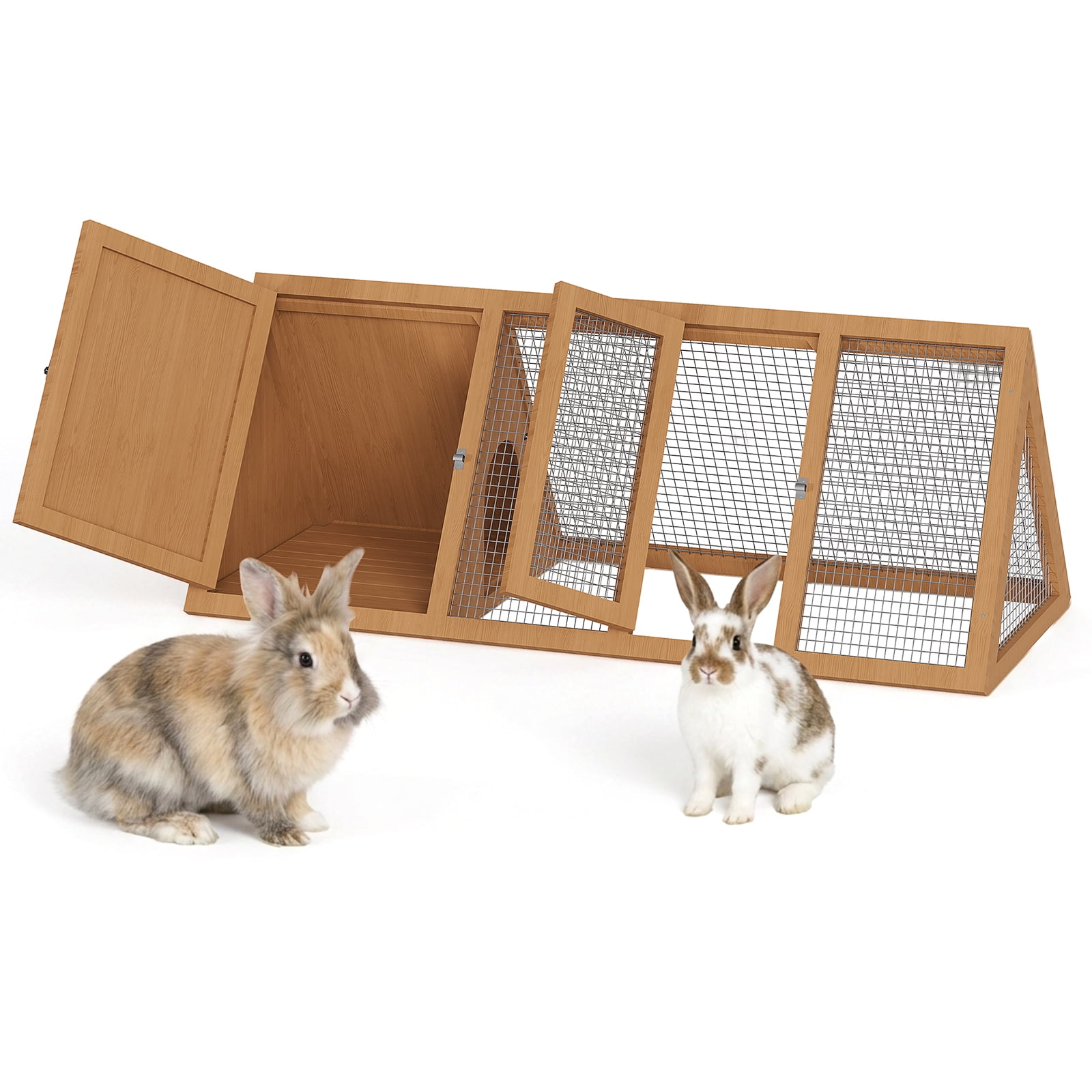 Mteryoing Lightweight Rabbit Hutch with Metal Wire Mesh and Triangle Support, Outdoor Small Animal Cage for Rabbits Chicks Quails Guinea Pigs, Natural wood color