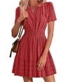 thumbnail image 3 of Iyufng Womens Dress of Summer Solid Short Sleeve V-Neck Pleated Elastic Waist Lightweight Length Casual, 3 of 9