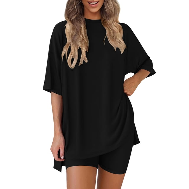 Ensemble Deux Pièces pour Femmes, Haut Uni à Col Rond et Manches Cinq-Quarts avec Short Assorti, Polyester, Tenue d'Hiver Décontractée, Coupe Asiatique