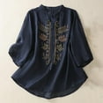 thumbnail image 2 of CheerKidz Women's Embroidered 3/4 Sleeve V-Neck Pullover Tops Imitation Cotton Linen Buckle Design Fashionable Blouse Bohemian Style(Navy,M), 2 of 8