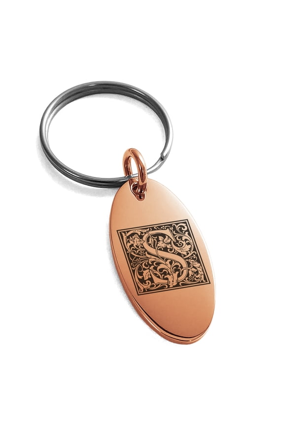 Stainless Steel Letter S Initial Floral Box Monogram Engraved Small Oval Charm Keychain Keyring