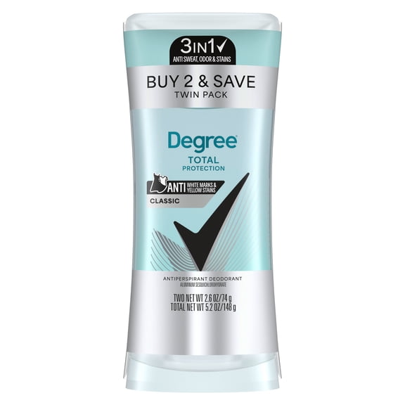 Degree 3in1 Total Protection Antiperspirant Deodorant for Women Anti Sweat, Odor and Stains Classic 72-Hour Sweat & Odor Protection, 2.6 oz Twin Pack