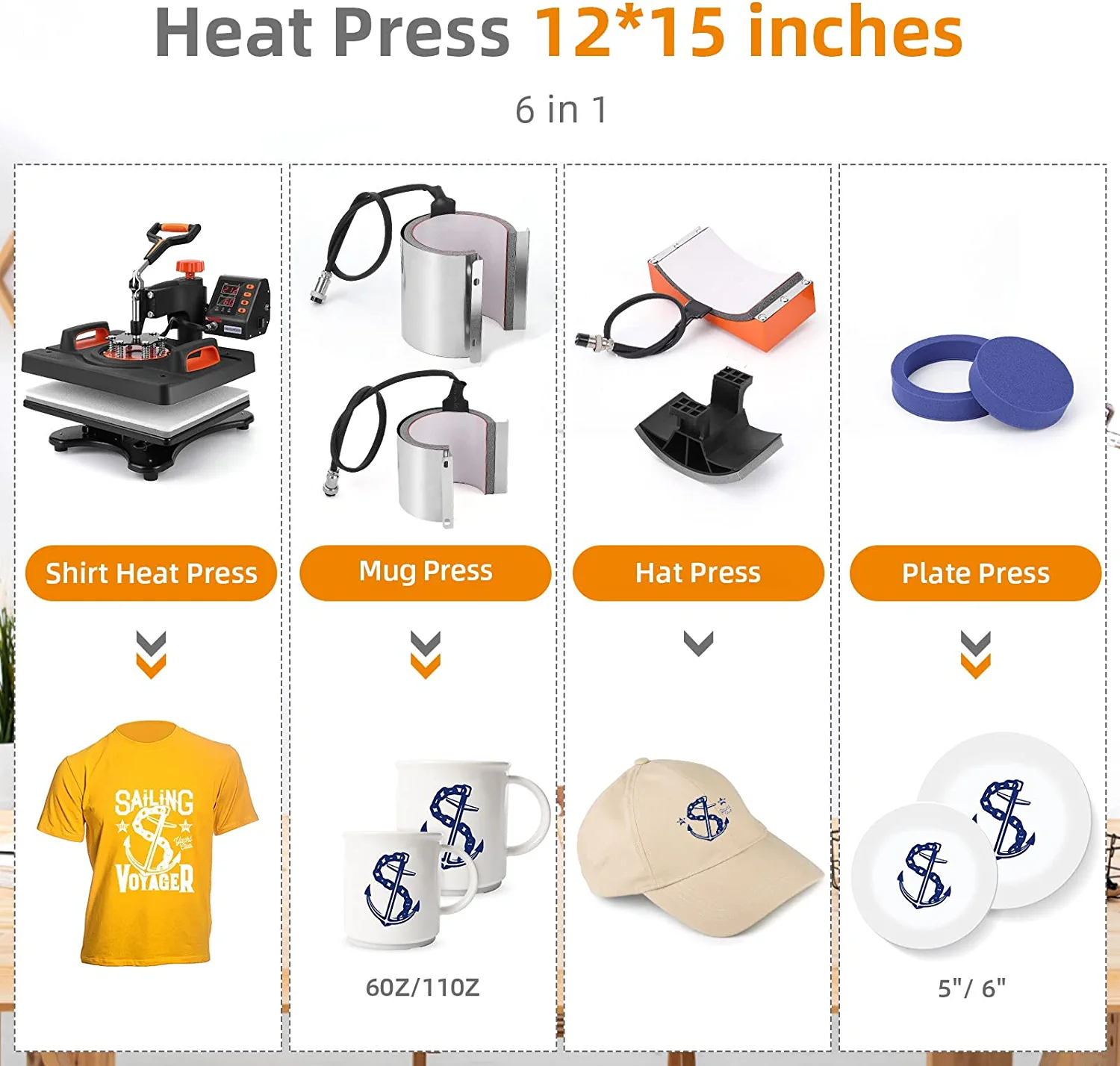 EastVita Heat Press Machine 6 in 1 Heat Press, 800W Sublimation Machine, 360°Heat Press, Dual-Tube Heating Printing for DIY T-Shirts Cap Mugs