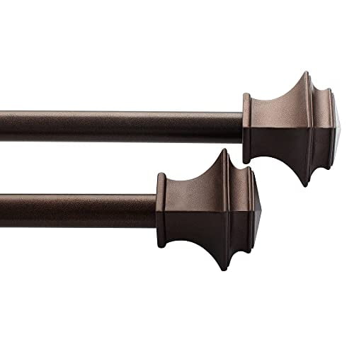 Deco Window Curtain Rod 44” to 84” Inch adjustable 2 Pack Brown Oil Rubbed for Windows and Doors with Square Finials and Brackets Set, 5/8 Inch