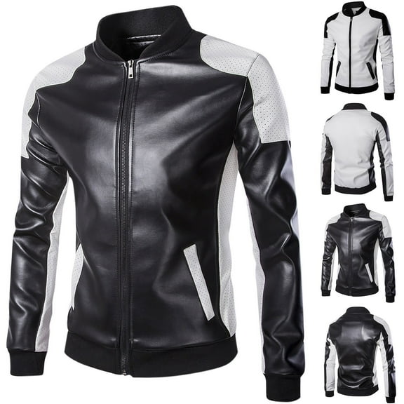 Miluxas Men's Business Slim Long-Sleeved Pu Leather Jacket Side Seam Pocket Zipper Solid Color Jacket White