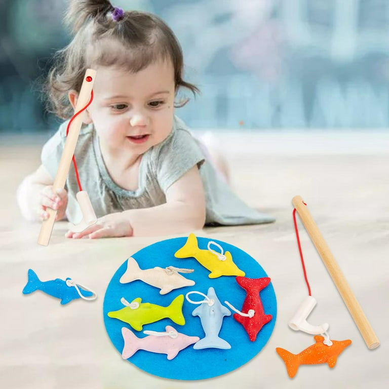 Wooden Fishing Toy with 10 Fish & 2 Fishing Pole Activity Party Early Learning Pretend Play for Pre-School Birthday Gift, Size: 6.2 cm
