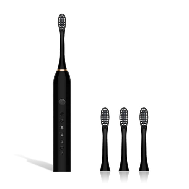 Cepillo de dientes sonoricos eléctricos 1.5W IPX-7 impermeable 800mAh 6 engranajes Copa de dientes Casa Dispositivo de limpieza de inodoro con 4 cabezas de pinceles negro Scienceny HA028219-03B