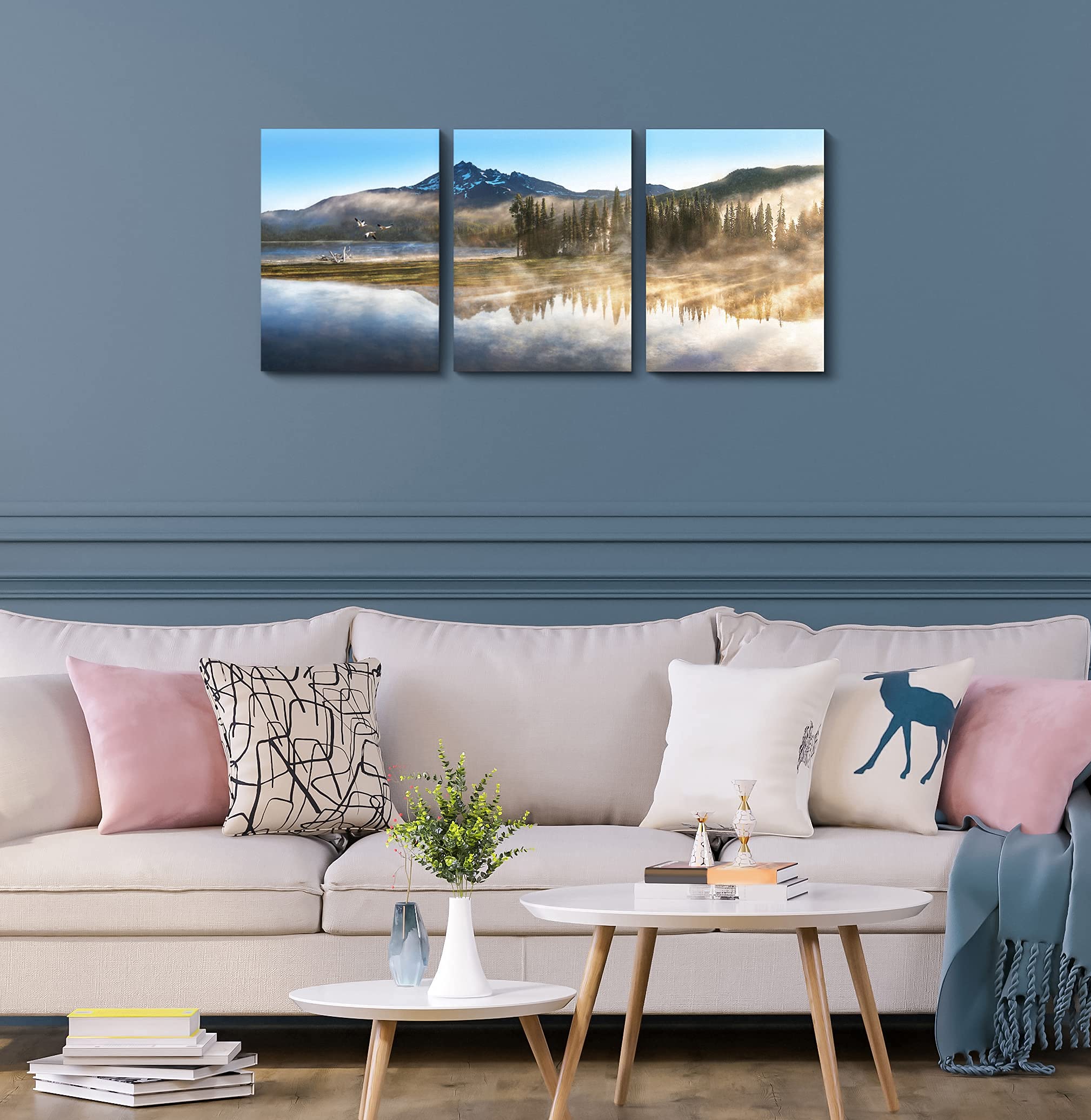 Mountain Canvas Wall Art For Living Room Paintings For Bedroom Wall Art Forest Landscape Art Large Picture Home Nature Wall Decor 3 Piece Wall Art Framed Ready to Hang Artwork, 12x16 inch x3 panels