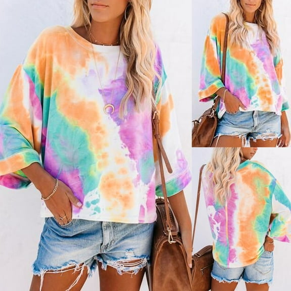Eiyaclvo 3/4 Sleeve Shirts for Women Summer Crew Neck Tie Dye Graphic Tees Casual Loose Fit Clothes Comfy Pullover T-Shirts