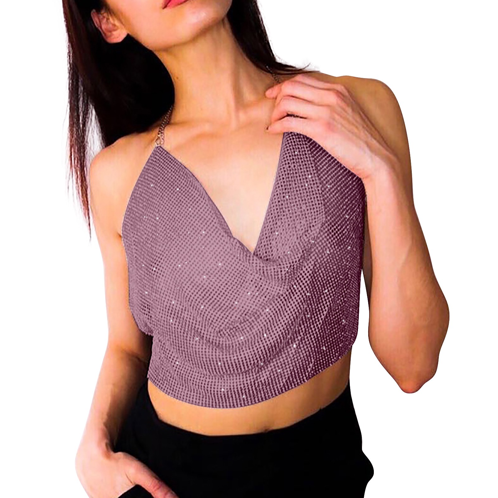 ○様　DIANTE Rhinestone halter neck tops Women Shiny Rhinestone Halter Top Tank Top Sexy Halter Neck