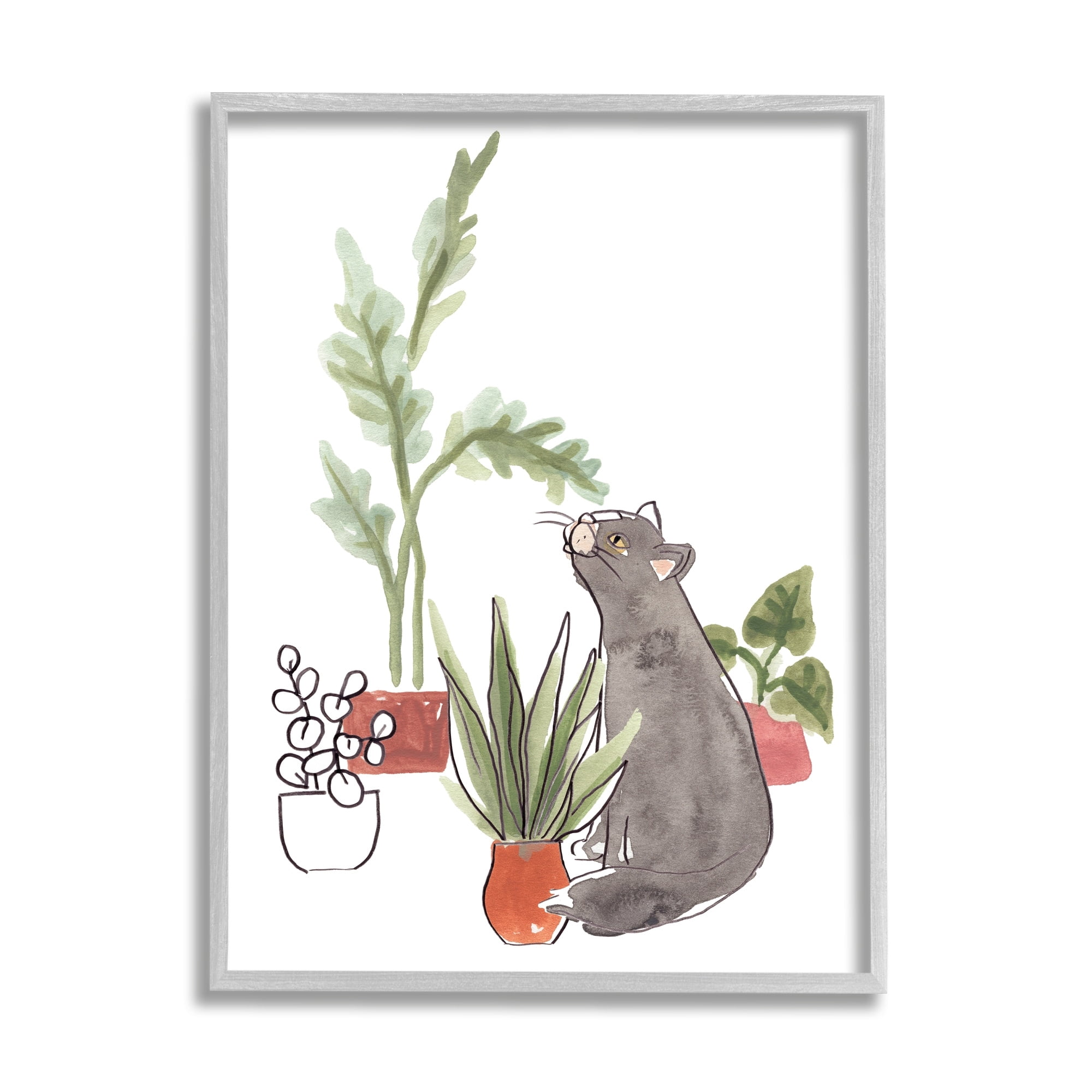 Stupell Industries Curious Grey Cat Indoor Pet House Plant Scene, 24 x 30, Design by June Erica Vess