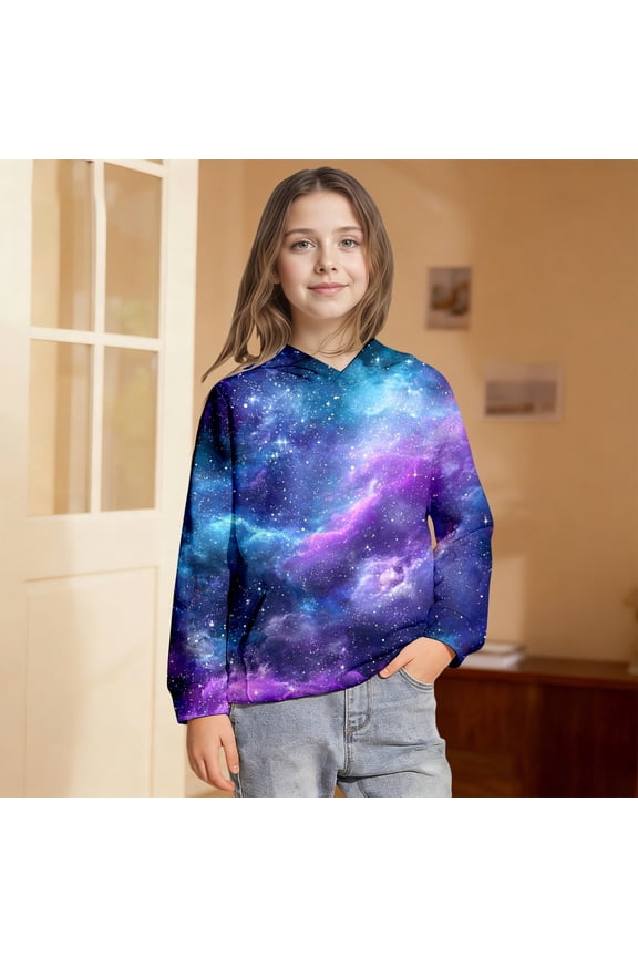 Girls 3D Solar System Graphic Hoodies Long Sleeve Sweatshirt Kangaroo Pocket Trendy Heavyweight Casual Winter Pullover Top