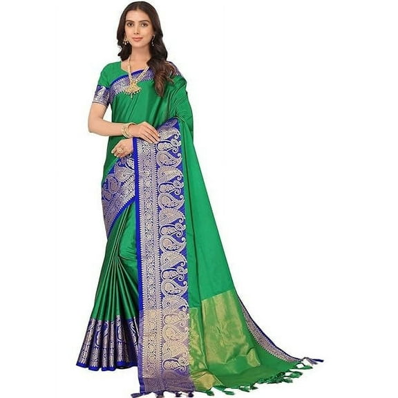 Blue Green Jacquard Silk Saree | Saree With Unstitched Blouse | Bollywood Saree | Traditional Saree | Party Wear Saree | Wedding Saree