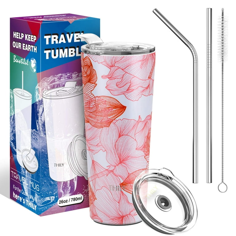 Thily Stainless Steel Tumbler Coffee Cup 26 oz Triple-Insulated Travel Mug with Lid Reusable BPA Free Red Lotus