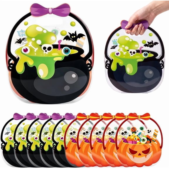 Halloween Candy Bags, 2026 Upgraded Resealable Goodie Bags with Clear Window and Handles, Pumpkin Bat Ghost Designs (Mix-10pcs)