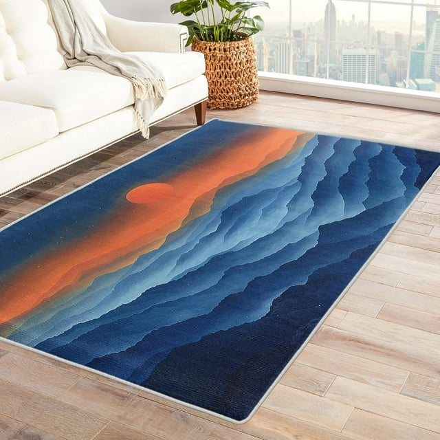 Sunset Rugs for Bedroom - 4x5 Rug - Sunset Rug - Misty Mountain Nature Area Rug - Natural Landscape Rugs - Sunrise Carpet