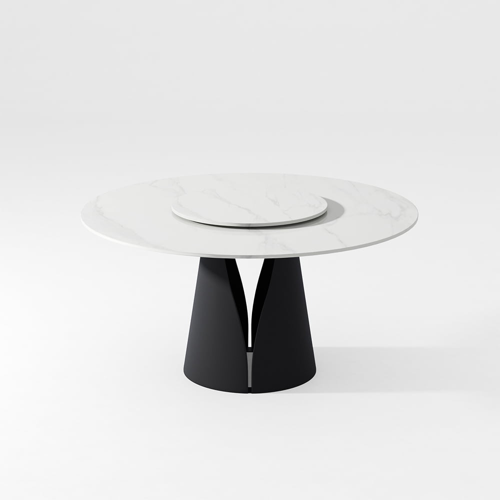 POVISON 59"Modern Round Black Kitchen Dining Table For 6 With Lazy Susan, Glossy Sintered Stone Tabletop, Solid Black Carbon Steel Base