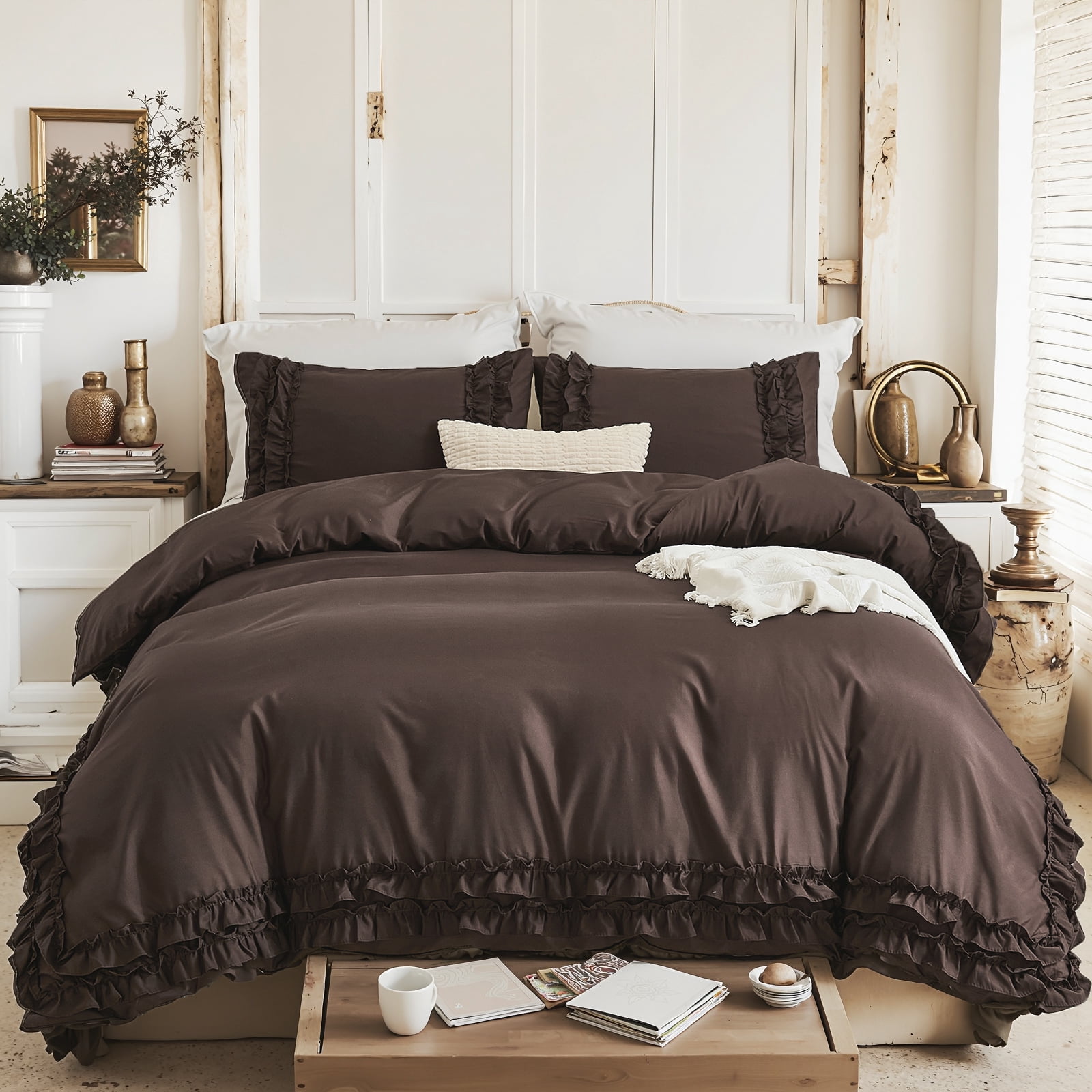 Dark Brown Ruffle Duvet Cover Set Queen Size Shabby Chic Bedding Set Ruffled Farmhouse Chocolate Comforter Cover Boho Duvet Cover Set