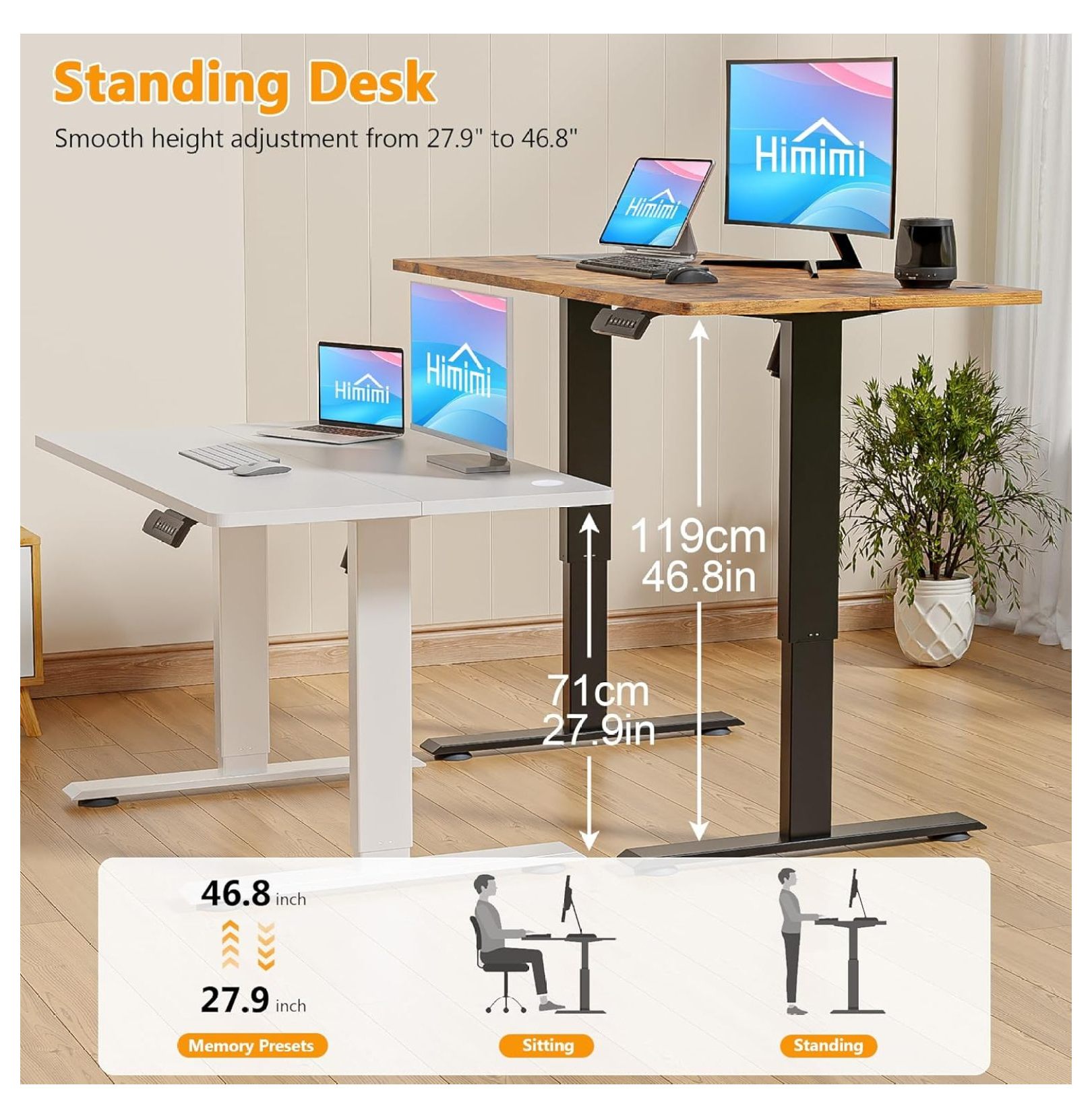 Electric Standing Desk x 24 inch for Home Office,Sit-Stand Adjustable Desk with Memory Presets,Height Adjustable Desk for Gaming/Working,Free Hook, Lockable Wheels,Brown