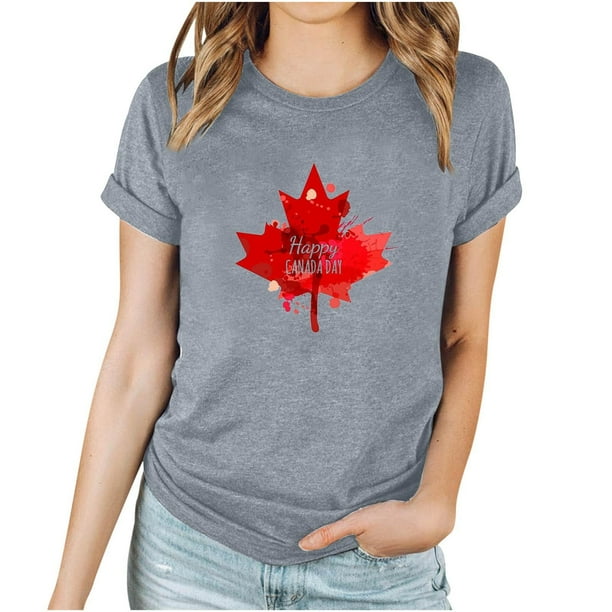 Camisetas de Manga Corta para Mujeres Canadá Día Hoja de Arce Impresión Básica de Verano Tee, Cuello Redondo Camiseta Casual