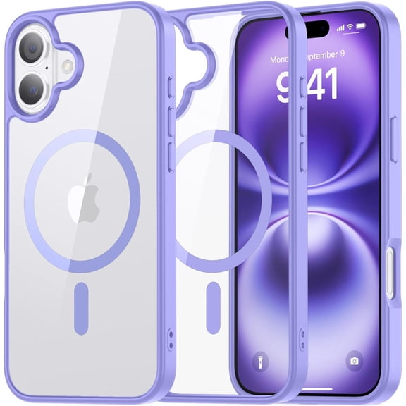 Magnetic for iPhone 16 Plus case, [Compatible with MagSafe][Clear Hard Back with Soft TPU Frame][12FT Military Grade Drop Protection] Shockproof Phone Case, Clear Purple