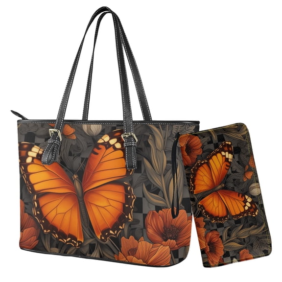 LedBack Butterfly Floral Print Handbag and Wallet Set Lightweight Purse and Wallet Set Leather Shoulder Handbag with Purse Top Handle Tote Bag with Matching Clutch, Orange