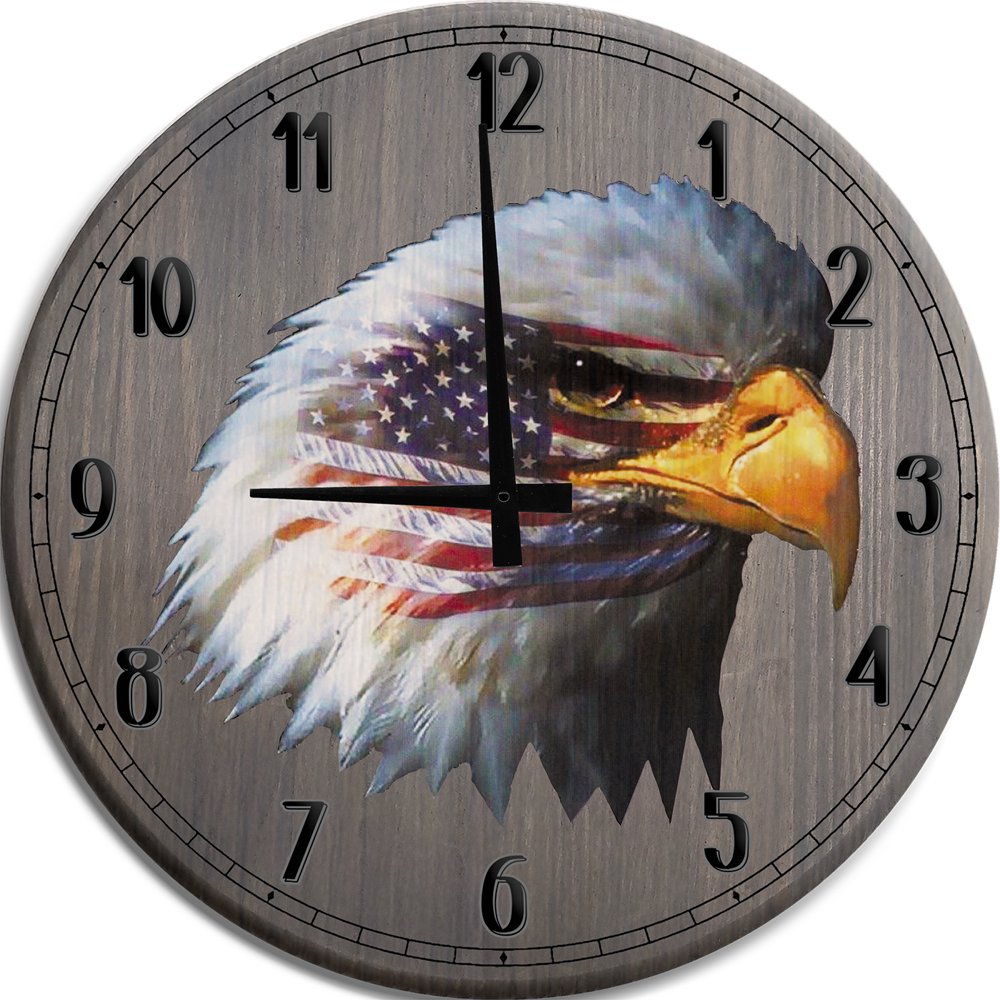 Large Wall Clock Waving American Flag and Bald Eagle Man Cave Wall