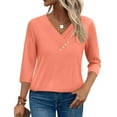 thumbnail image 6 of UAMVSH Womens 3/4 Sleeve Shirts Casual V-Neck Solid Color Tunic Tops Trendy Button Pullover Loose Fit Ladies Classic Blouses(Small,Orange), 6 of 7