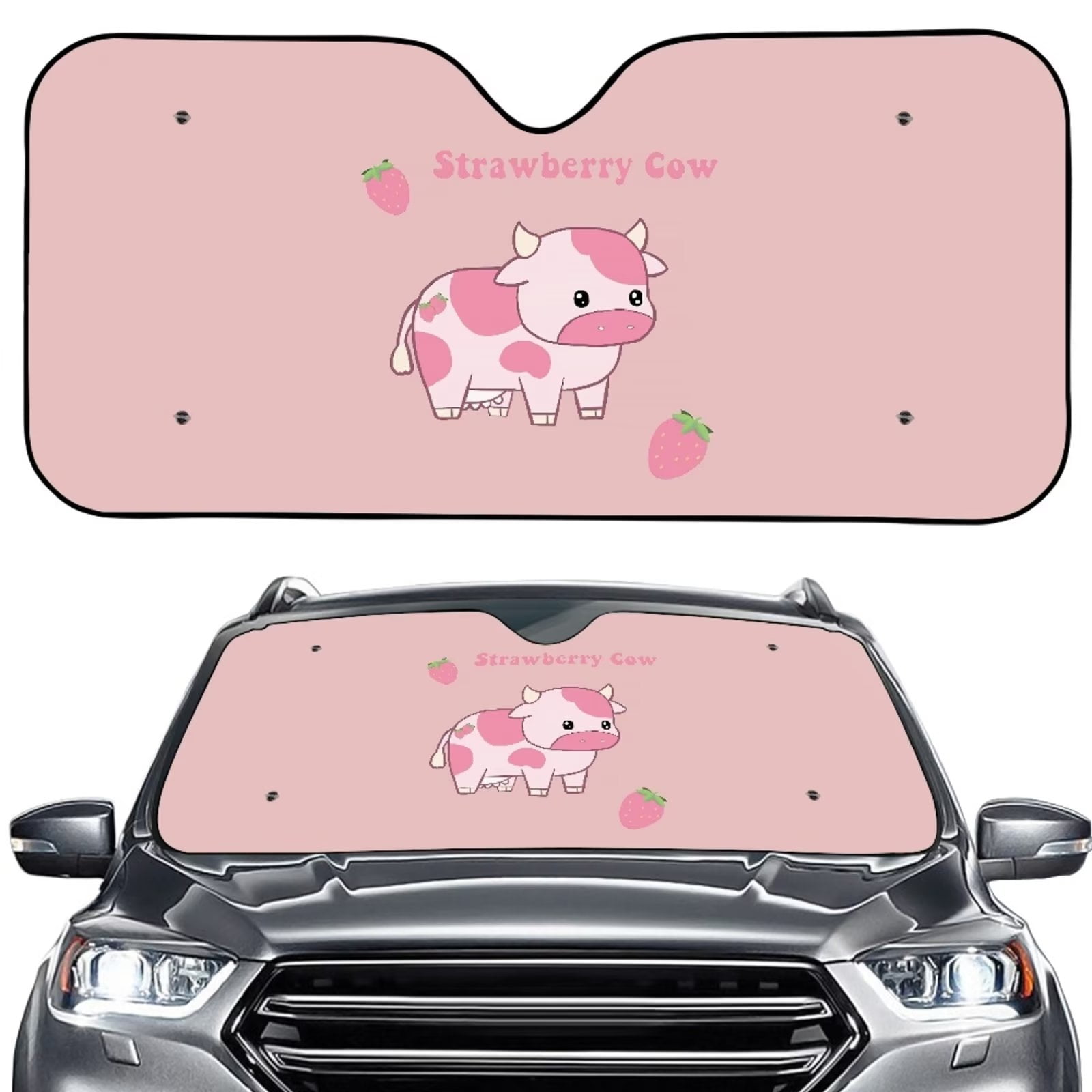 Renewold Pink Strawberry Cow Car Sunshade Windshield UV Protection