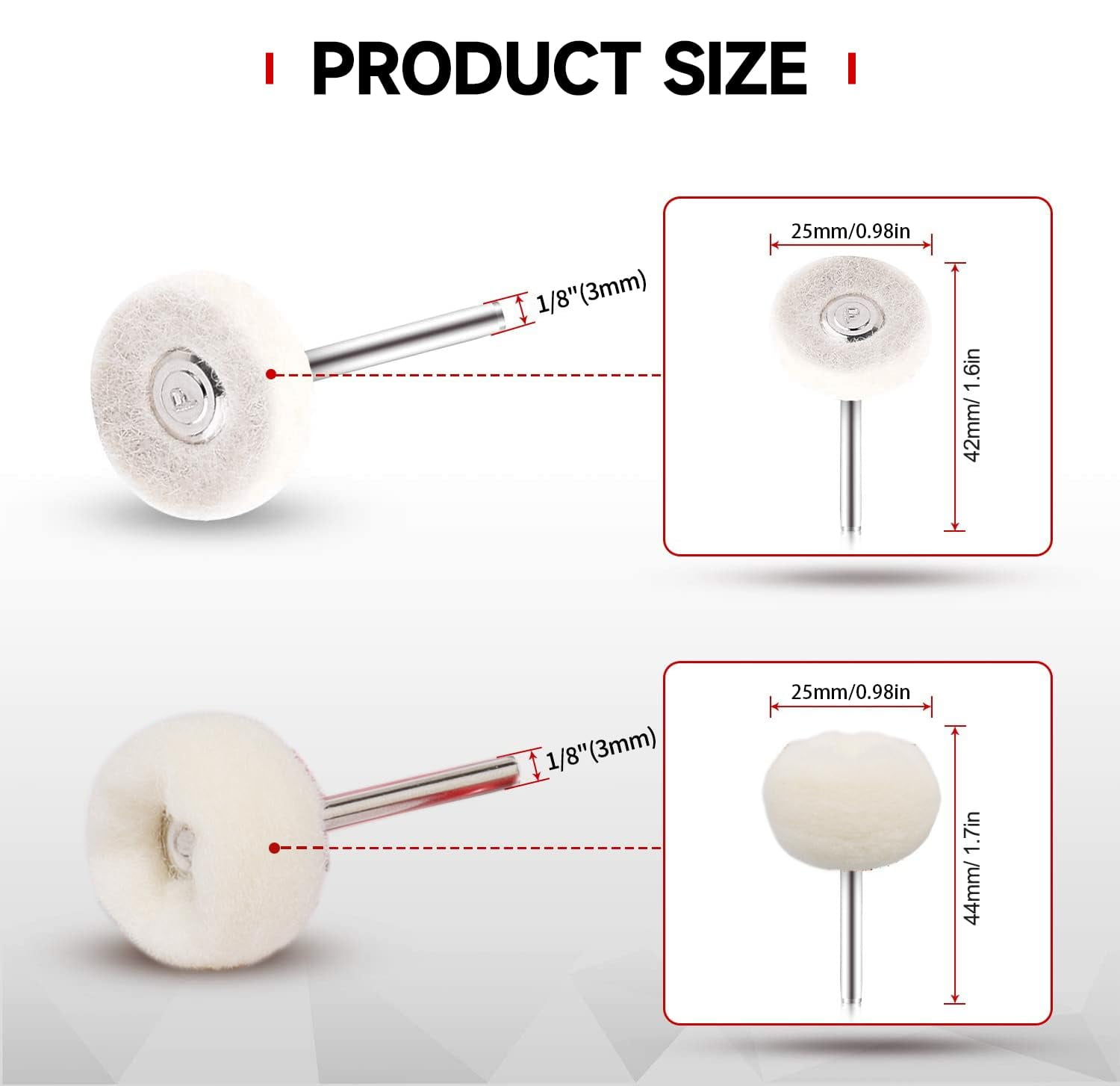 50 PCS 1 Inch Wool Felt Polishing Accessory Kits, 25 Each Spherical/Flat Buffing Wheels for Proxxon Dremel Rotary Tool - 1/8" Shank, Ideal for Wood Metal Jewelry and Glass Polishing
