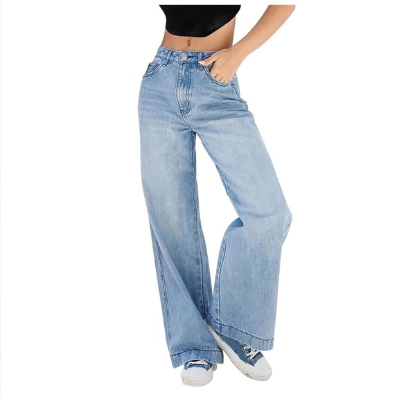 WTOBBY Women's Retro High Waist Loose Straight Leg Jeans, Personalized Wash Retro Denim Pants for a Fashionable Style, Comfortable Fit with Classic Design,Blue L