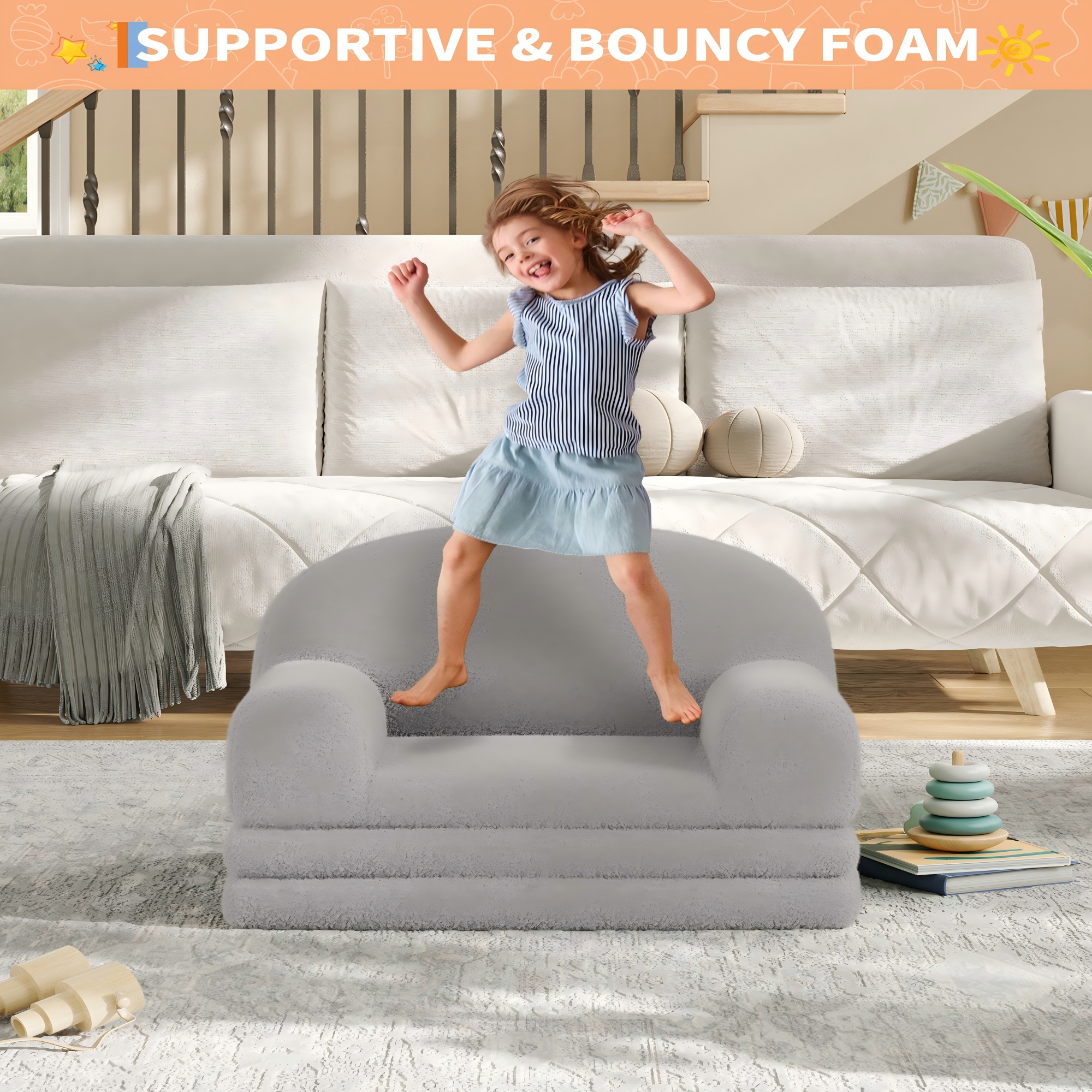 COZONY 2-in-1 Kids Sofa Chair, Convertible Toddler Couch Lounger, Fold-Out Teddy Fleece Sofa Bed
