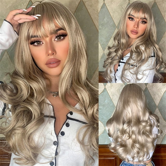 Peluca Ganfancp Pelo Rizado Rubio Largo con Flequillo para Mujer
