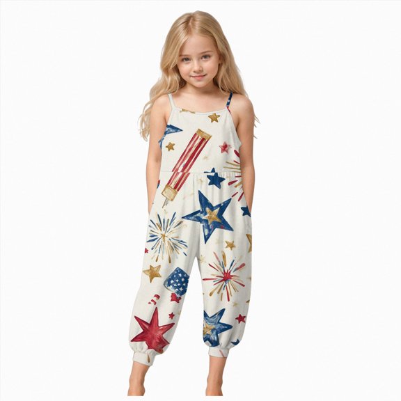 Splozh Toddler Kids Baby Girl 1-10 Years Fourth of July Outfits American Flag Romper One-Piece Sleeveless Sling Jumpsuit,Blue,7-8 Years